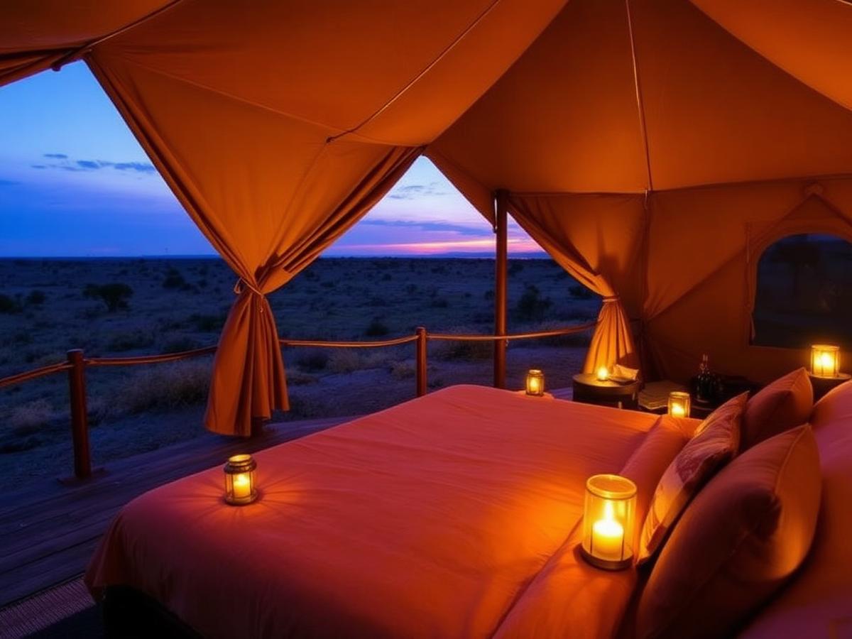 Lantern-lit tented camp overlooking the savannah at dusk