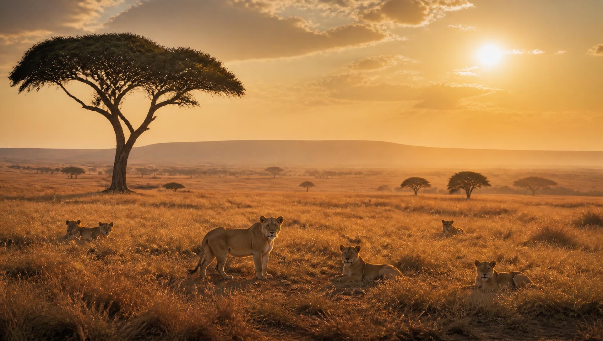 Lion pride at sunrise beneath an acacia on the Maasai Mara plains