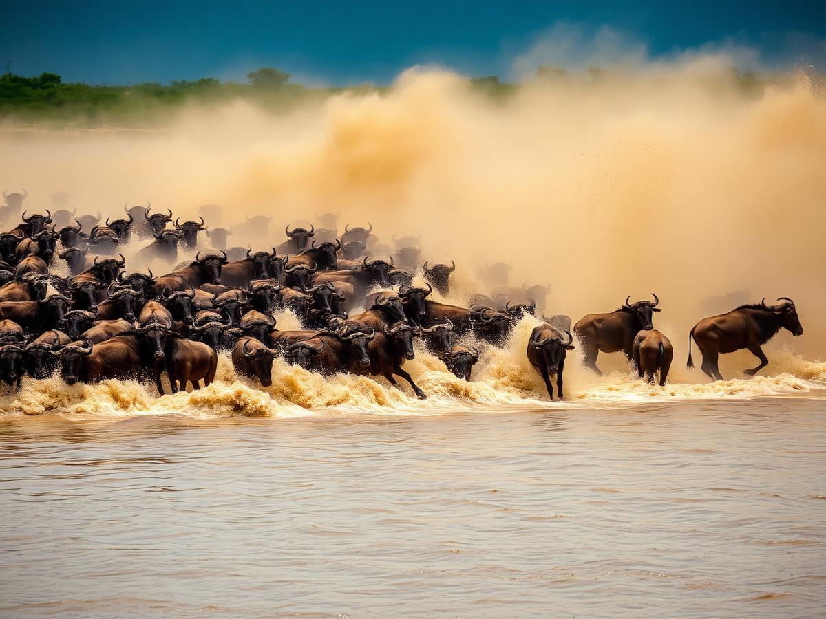 Wildebeest crossing the Mara River